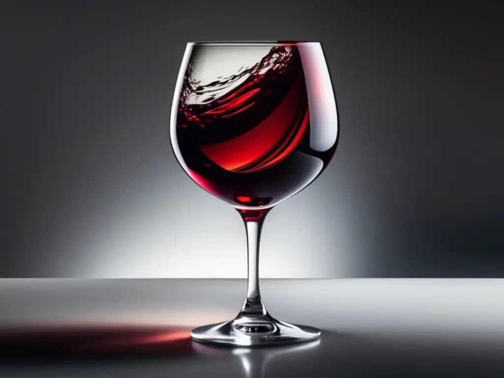 Beneficios de los polifenoles en el vino: copa roja llena de vino rojo intenso, en superficie blanca, con juego de sombras