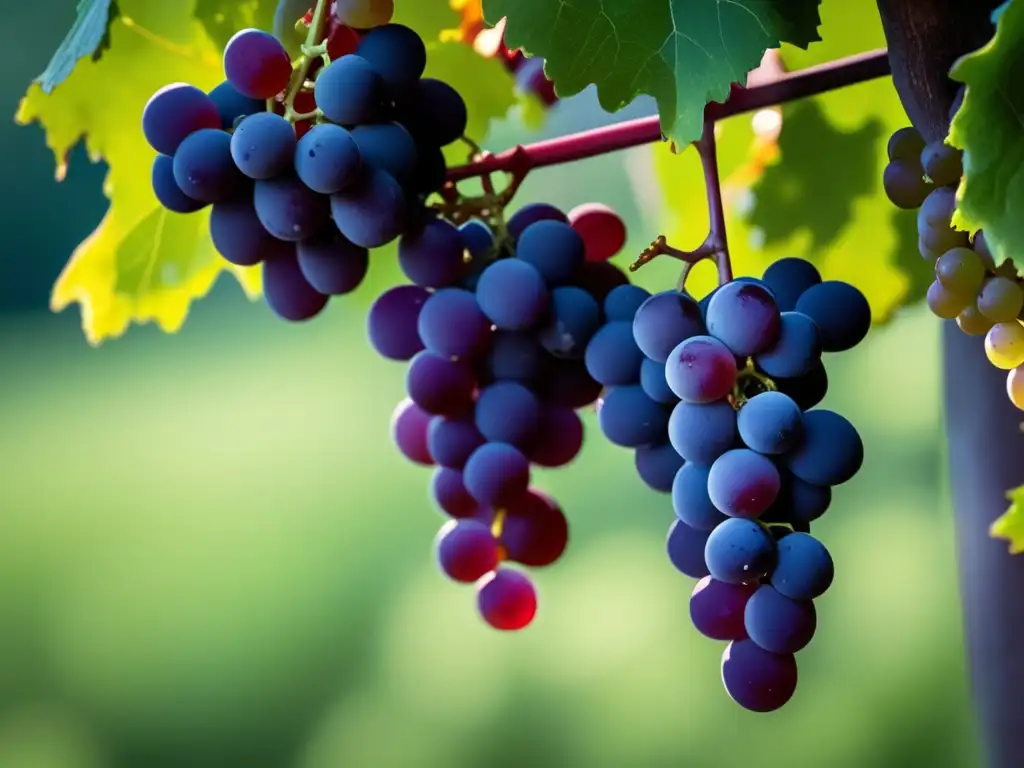 Beneficios del resveratrol en dietas antienvejecimiento: uvas rojas con racimos maduros y resplandecientes en un viñedo minimalista