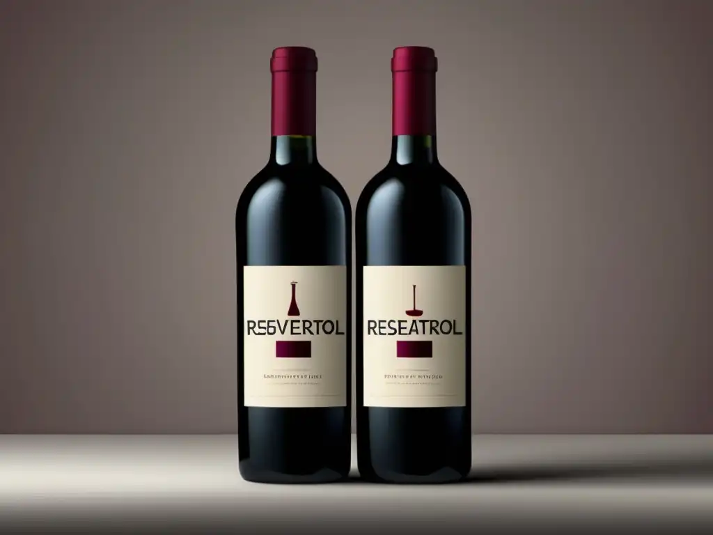 Beneficios del resveratrol en el vino - Botella minimalista con diseño moderno y elegante, con vino rojo intenso y etiqueta simple