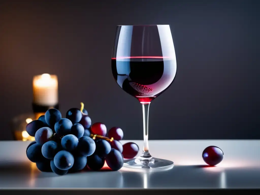 Beneficios del resveratrol en el vino: copa elegante con vino tinto y uvas rojas