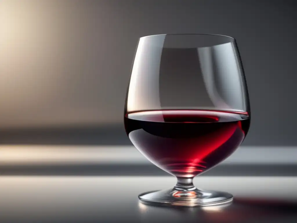 Beneficios saludables vinos sin alcohol: copa elegante y minimalista con vino rubí sin alcohol, superficie blanca y luz suave