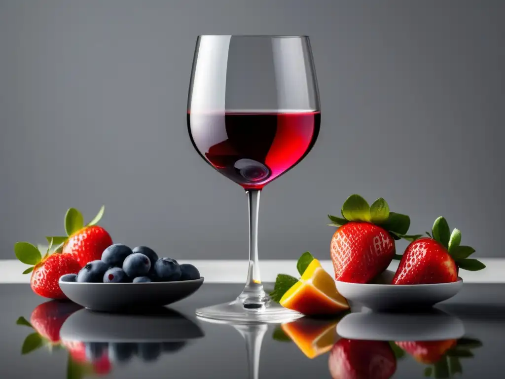 Beneficios saludables vinos sin alcohol: copa de cristal con vino rojo sin alcohol, frutas frescas y elegancia