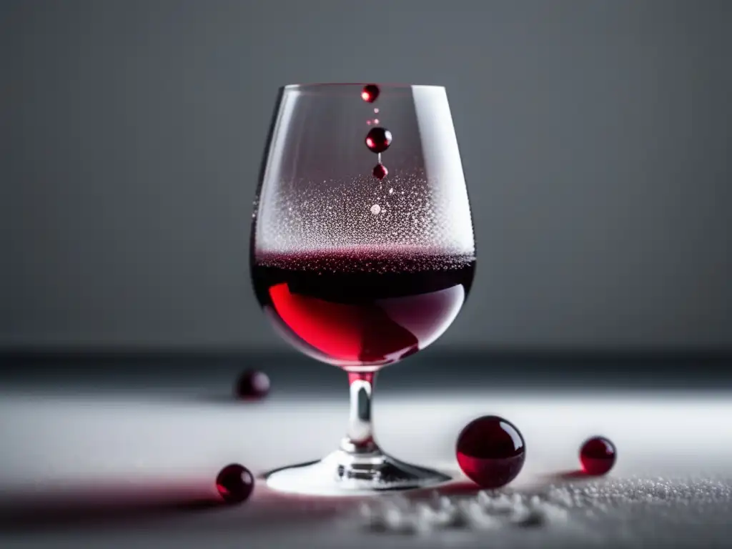 Beneficios y usos del azufre en la vinificación: Imagen minimalista de un vaso de vino tinto con partículas de azufre en un fondo blanco