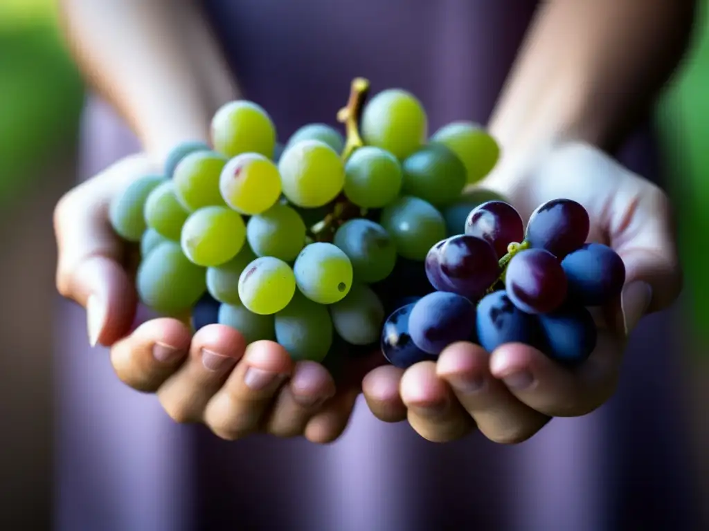 Beneficios de la vendimia manual: manos delicadas sosteniendo uvas maduras