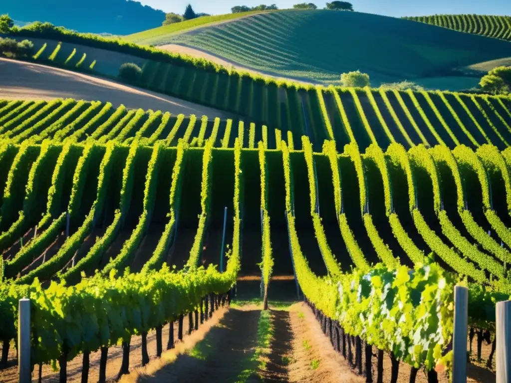 Beneficios biodiversidad en viñedos: imagen serena de un viñedo biodinámico, con filas de vides verdes y cielo azul