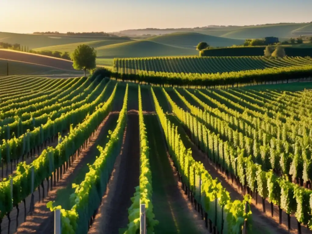 Beneficios biodiversidad en viñedos: paisaje sereno con viñedos verdes, sol cálido, simetría y mariposa polinizadora