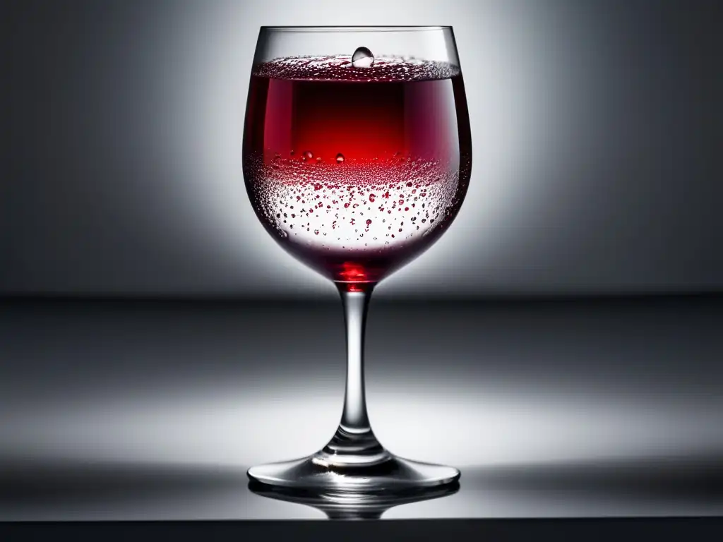 Beneficios del vino sin alcohol: copa minimalista con líquido rojo intenso y condensación, sobre superficie blanca