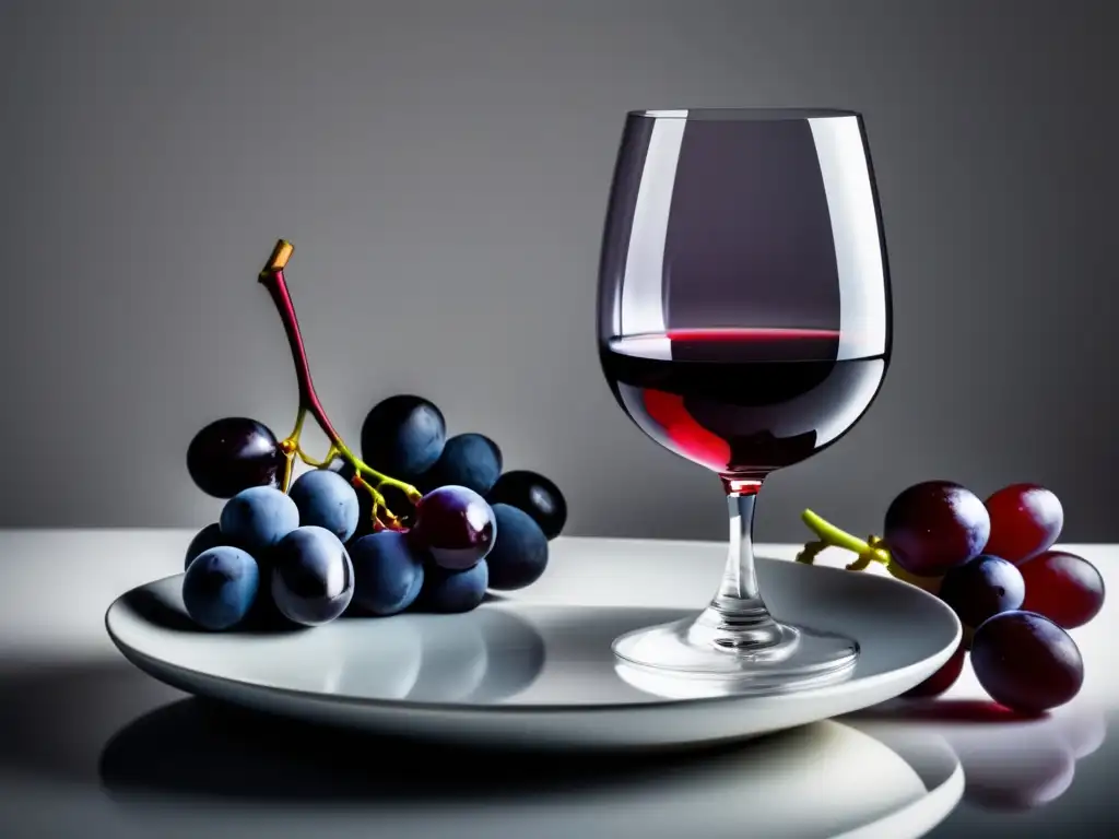 Beneficios del vino para la audición: copa de vino y uvas frescas en superficie blanca