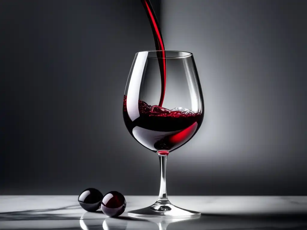 Beneficios del vino para el colesterol: Vino tinto en copa sobre mármol blanco