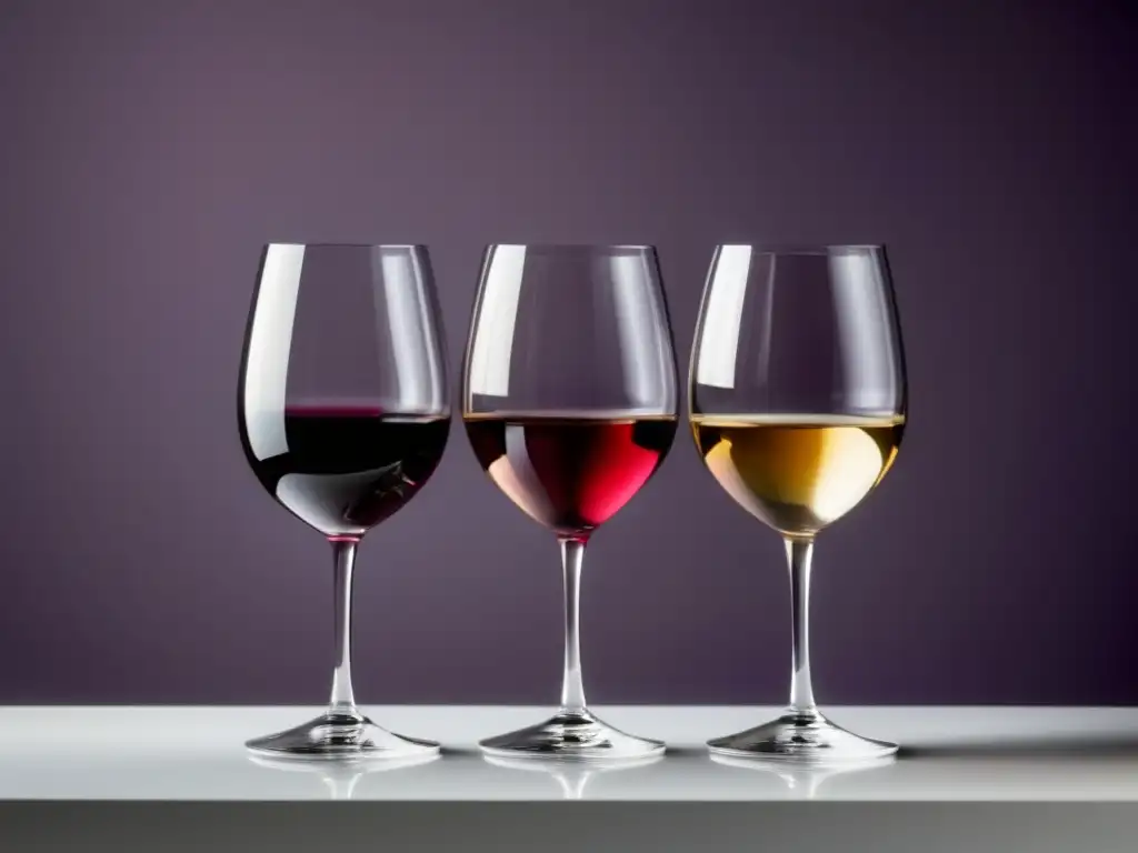 Beneficios del vino para dormir: copas de vino rojo, blanco y rosado en composición simétrica, elegante y relajante