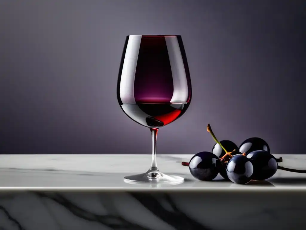 Beneficios del vino en dieta antioxidante: Copa de vino rojo en elegante encimera de mármol