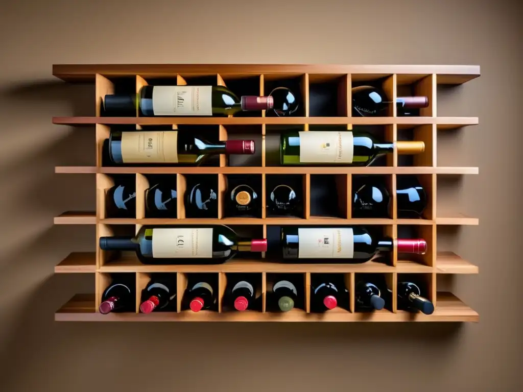 Beneficios del vino en la dieta: Vino elegante en rack de madera bien organizado