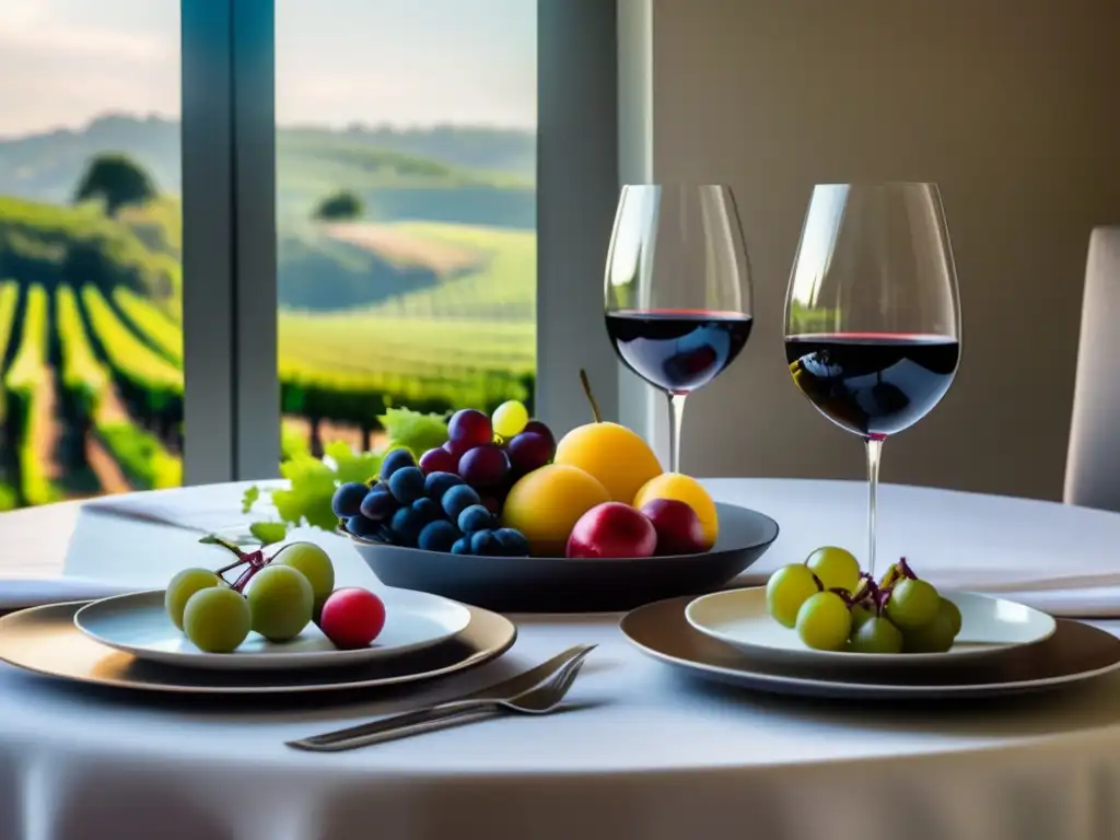 Beneficios del vino en la dieta: mesa minimalista con vino, frutas y verduras coloridas en viñedos serenos