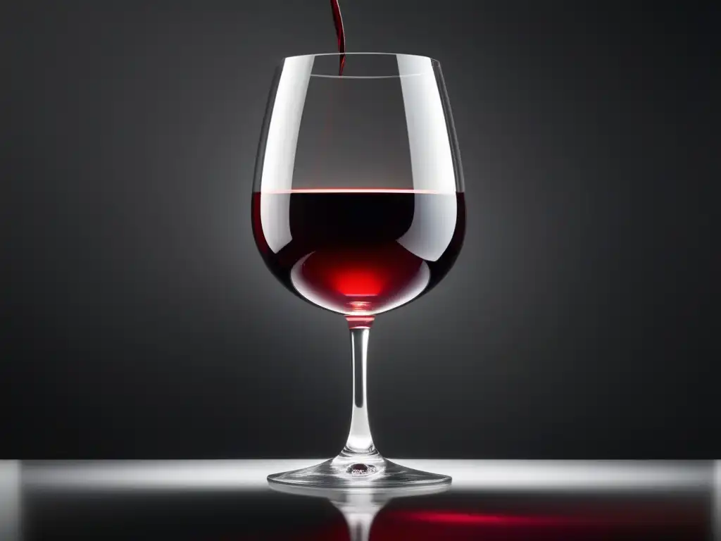 Beneficios del vino en la dieta: Copa de vino tinto brillante y seductor sobre fondo blanco minimalista