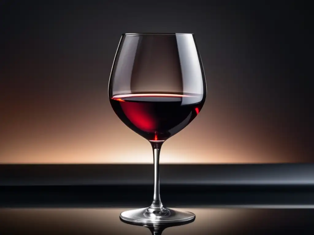 Beneficios del vino en dietas bajas en FODMAPS: Vino tinto en copa elegante, iluminado y minimalista