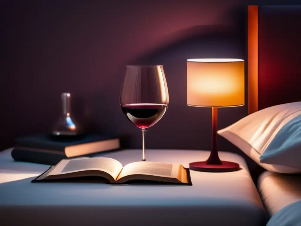 Beneficios del vino para dormir - Dormitorio minimalista con luz suave y una copa de vino rojo en una mesita junto a un libro sobre vinos