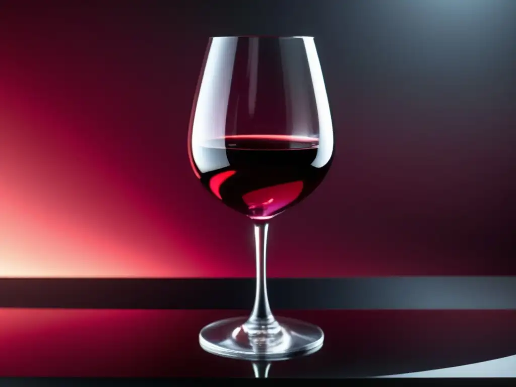 Beneficios del vino: un elegante vaso con vino rojo en una superficie negra, iluminado con sutiles reflejos y gradiente de colores