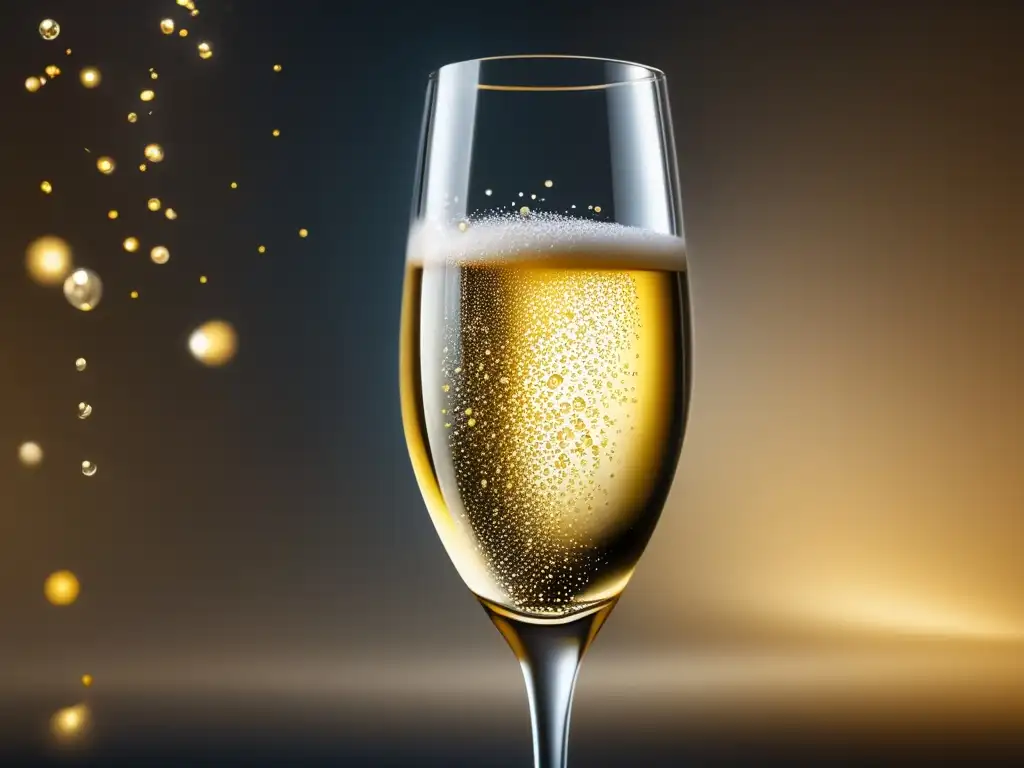 Beneficios del vino espumoso en Norteamérica: copa de champagne dorada con burbujas efervescentes