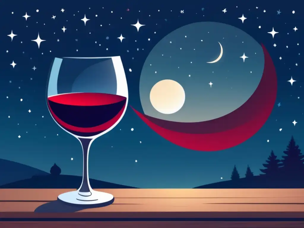 Beneficios del vino para dormir: noche serena con luna creciente, vaso de vino tinto en mesa de madera