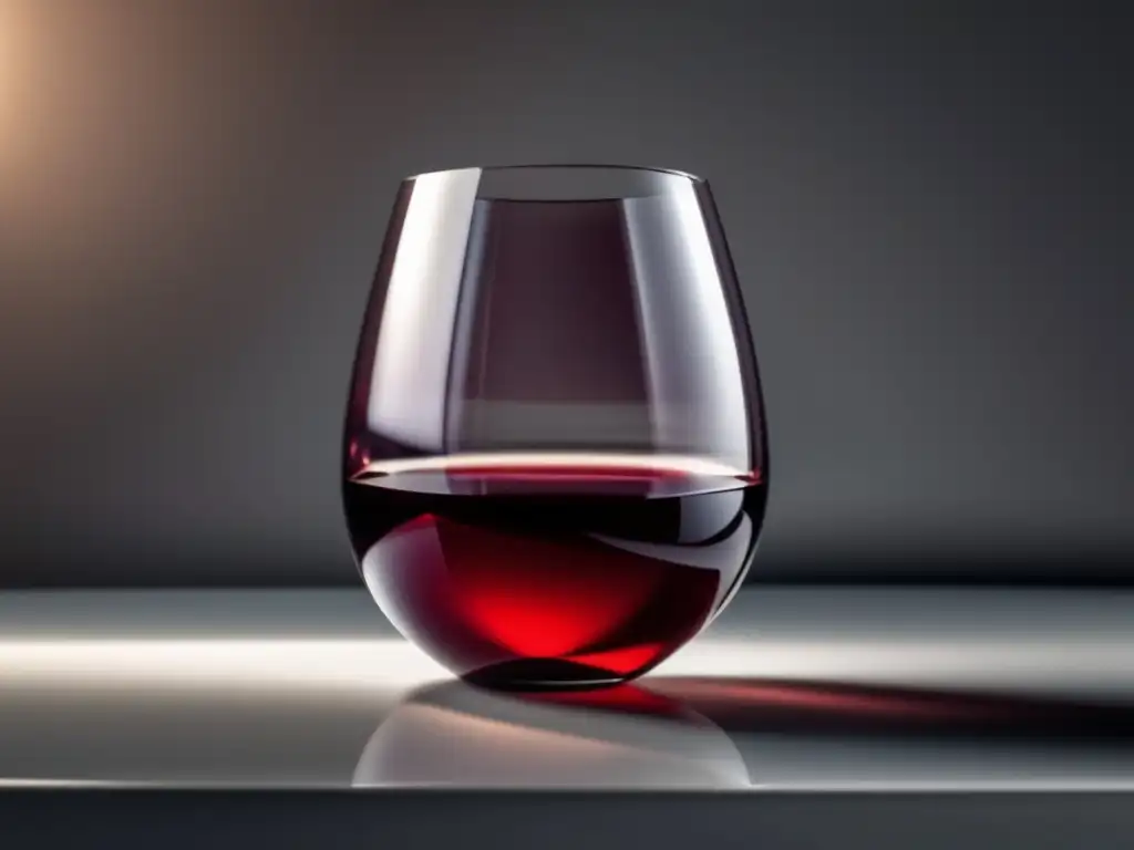 Beneficios del vino para los ojos: copa minimalista con vino rojo intenso y elegante reflejo del entorno