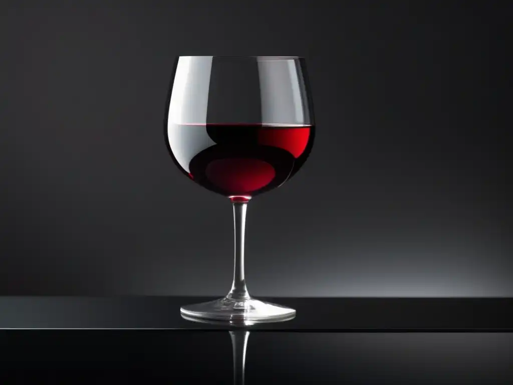 Beneficios vino osteoporosis: copa vino rojo elegante y claro en superficie negra, iluminado suavemente