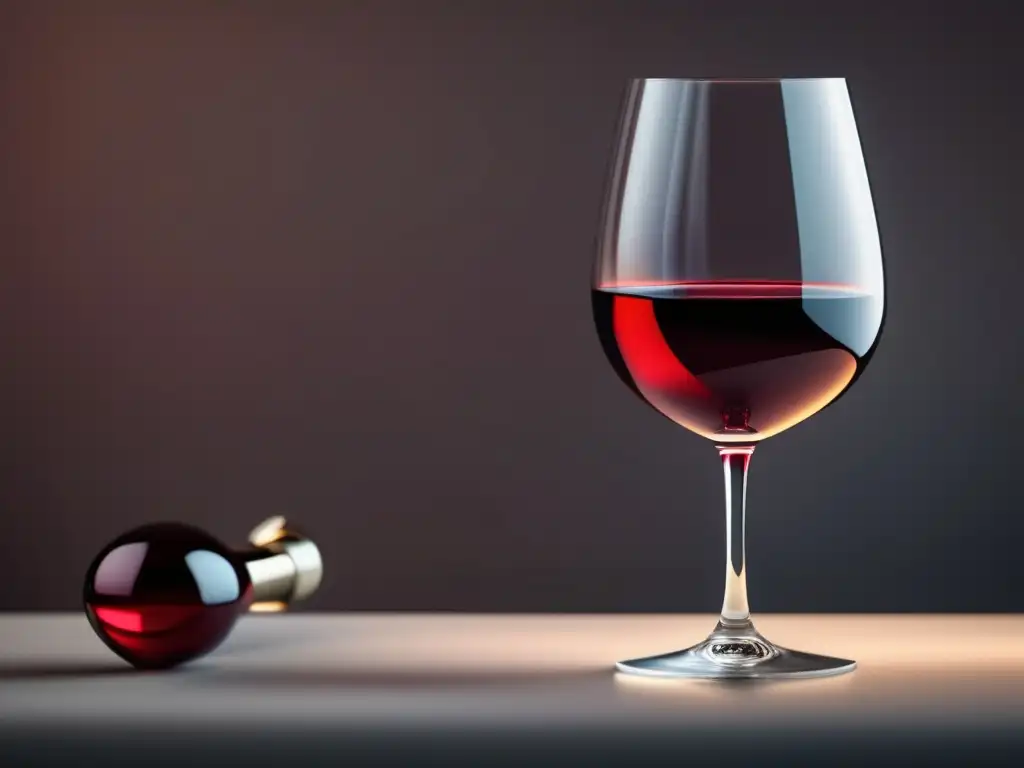 Beneficios del vino para la salud: Imagen en alta resolución de una elegante copa de vino tinto en una mesa minimalista, iluminada suavemente