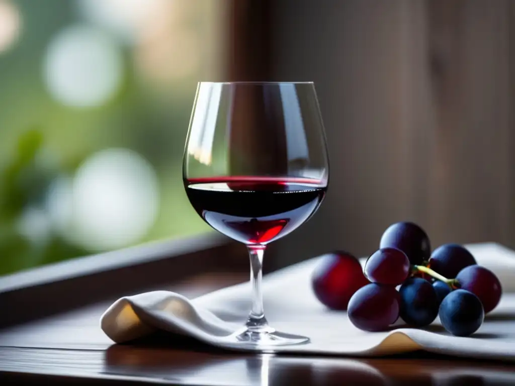 Beneficios del vino para la salud mental: escena serena con copa de vino rojo en mesa de madera, elegante y relajante