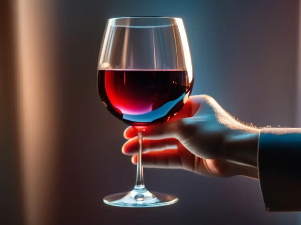 Beneficios del vino para la digestión: copa transparente de vino tinto en mano, moviéndose suavemente, reflejos y textura vibrante