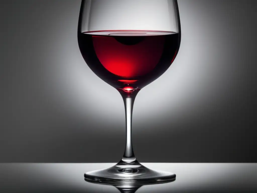 Beneficios vinos sin alcohol: copa elegante, vino rojo intenso, luz suave, mano delicada, ambiente refinado