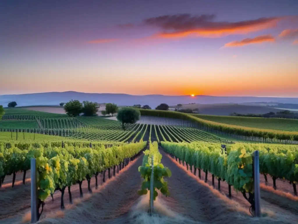 Beneficios vinos sin alcohol: Viñedo al atardecer, uvas verdes brillantes, paisaje natural y proceso de elaboración