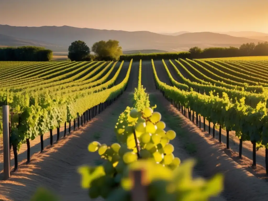 Beneficios de los vinos biodinámicos en una viña minimalista al atardecer