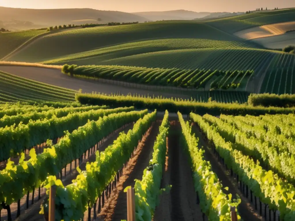 Beneficios vinos orgánicos: paisaje viñedo minimalista 8k, sol cálido