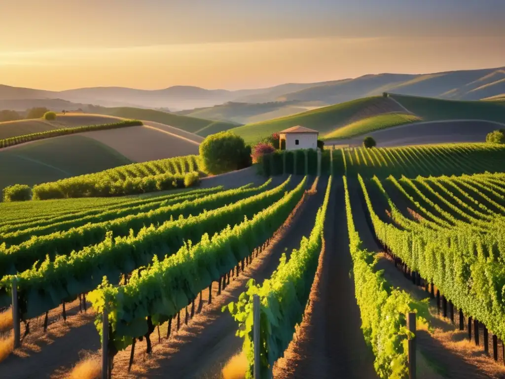 Beneficios vinos orgánicos: Paisaje sereno de viñedo al atardecer con filas verdes de uvas y sol dorado