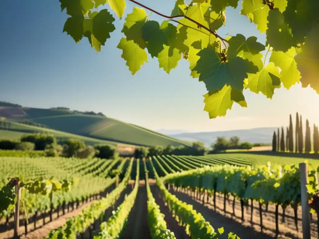 Beneficios vinos orgánicos: Viñedo exuberante bañado en luz solar, serenidad y conexión natural