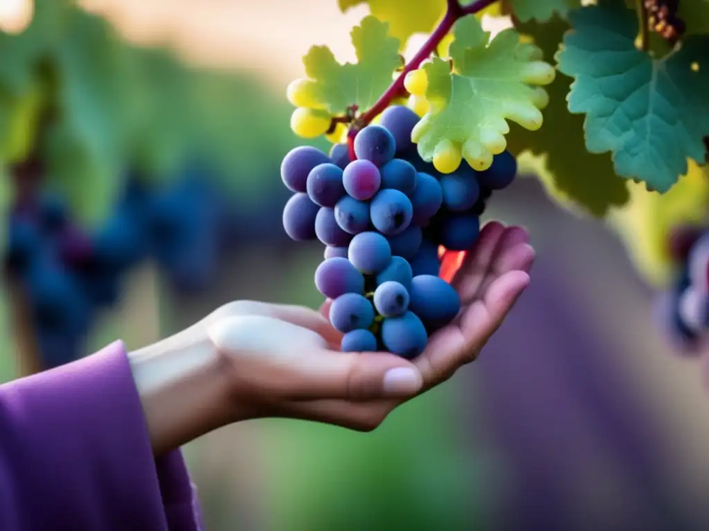 Nicolas Joly vino biodinámico: Mano sosteniendo uvas, reflejando su influencia en la viticultura y enología