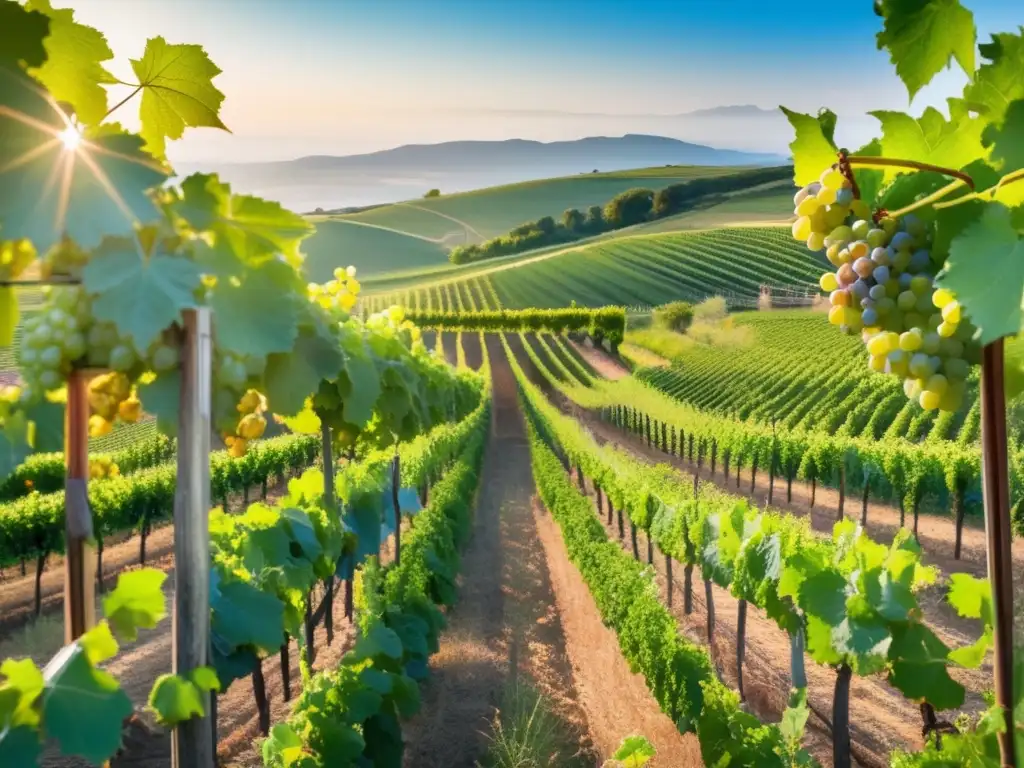 Biodiversidad en viñedos biodinámicos: Un paisaje impresionante de un viñedo exuberante y biodiverso