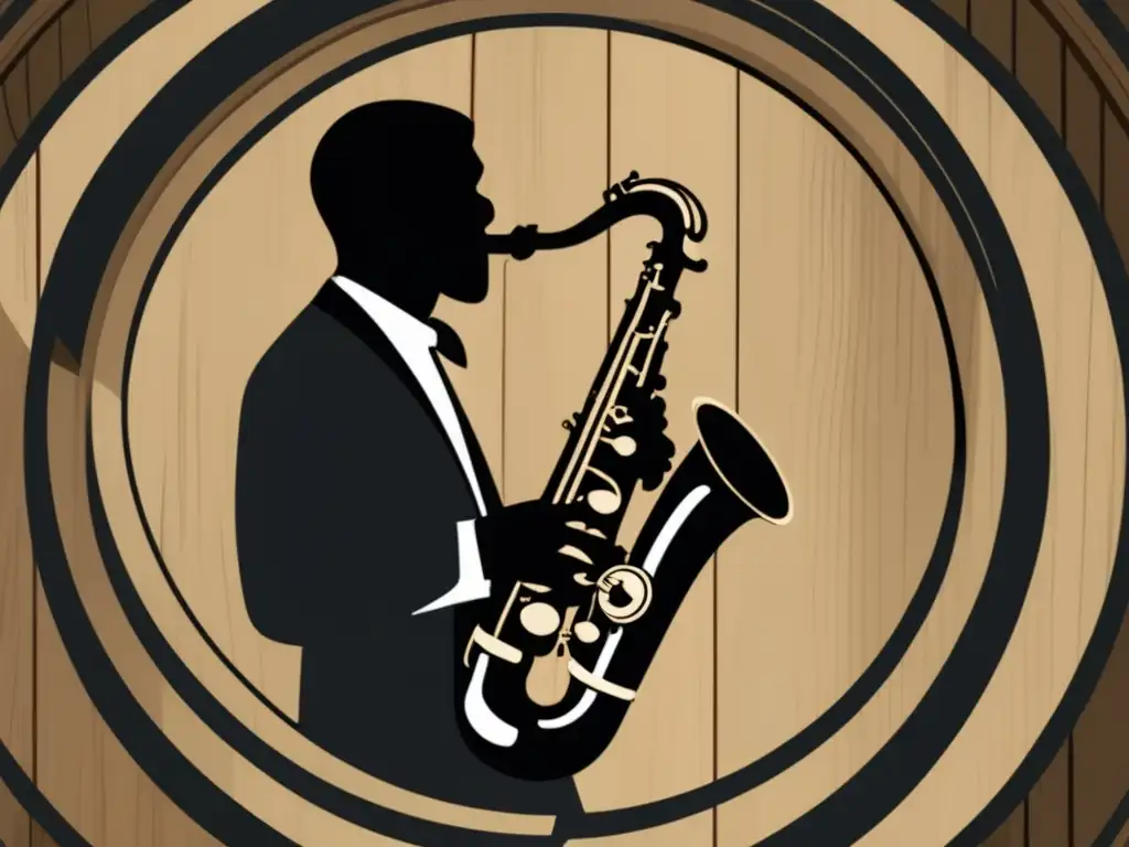 Ilustración en blanco y negro de músico de jazz tocando saxofón en barril de vino - Relación Vino Jazz Bodegas