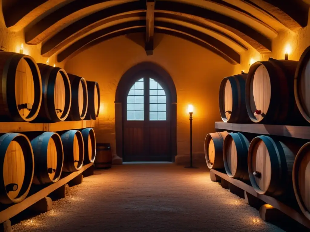 Una bodega antigua con barricas de roble, vinos históricos y su significado, iluminada por velas, evocando sofisticación y romance