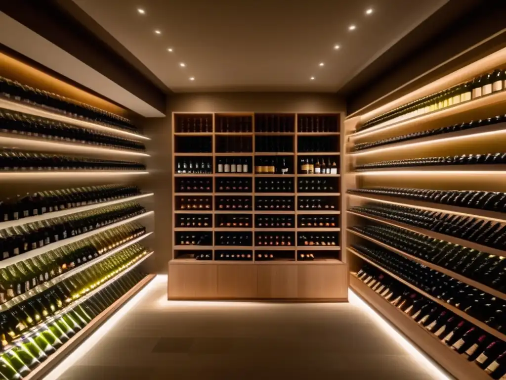 Bodega artística con elegantes botellas de vino organizadas en estanterías minimalistas