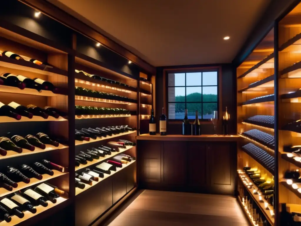 Bodega boutique de vinos exclusivos, iluminada con suave luz cálida, exhibe botellas elegantes en estantes de madera oscuro