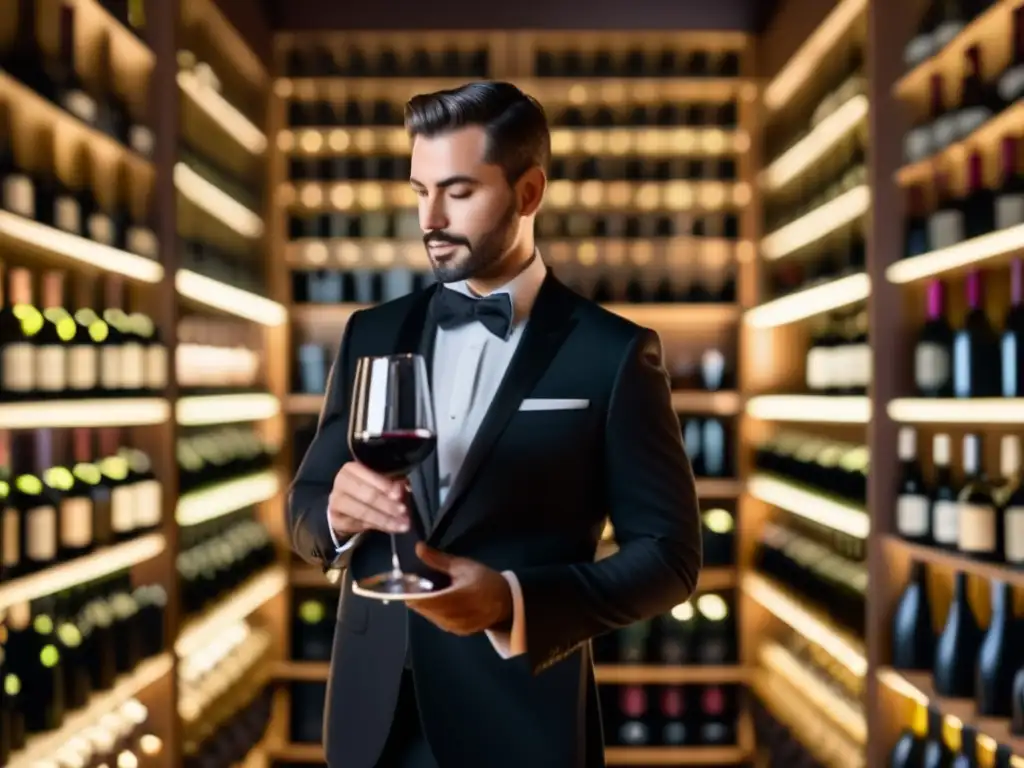 Sommelier en acción en una bodega elegante, examinando el vino - Importancia del sommelier enología