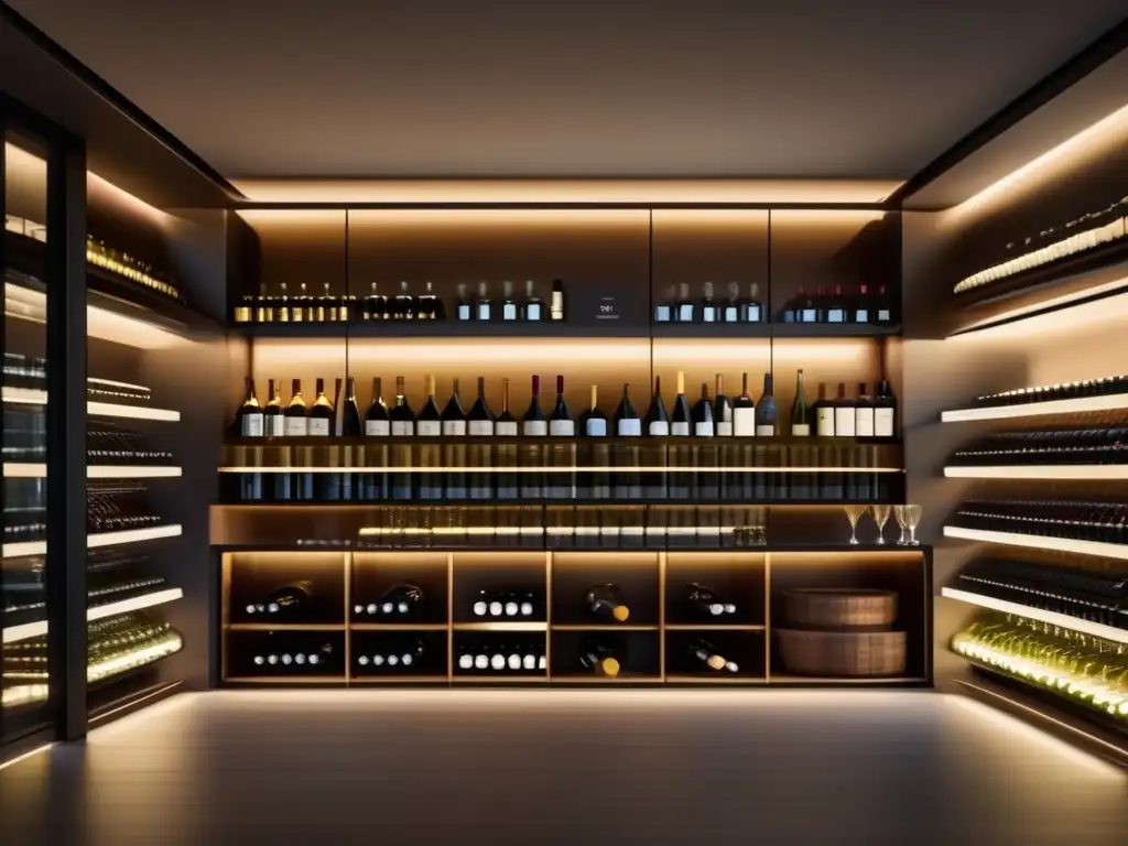 Bodega minimalista con botellas de vino organizadas en estanterías flotantes: Importancia del sommelier en la cultura vinícola