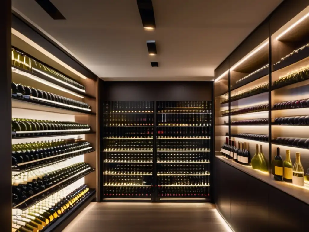 Bodega minimalista con botellas de vino organizadas y etiquetas diversas