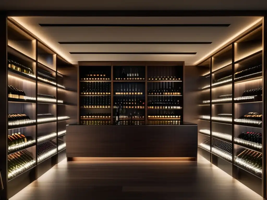 Bodega minimalista con botellas de vino en estanterías de madera: Herramientas digitales para sommeliers