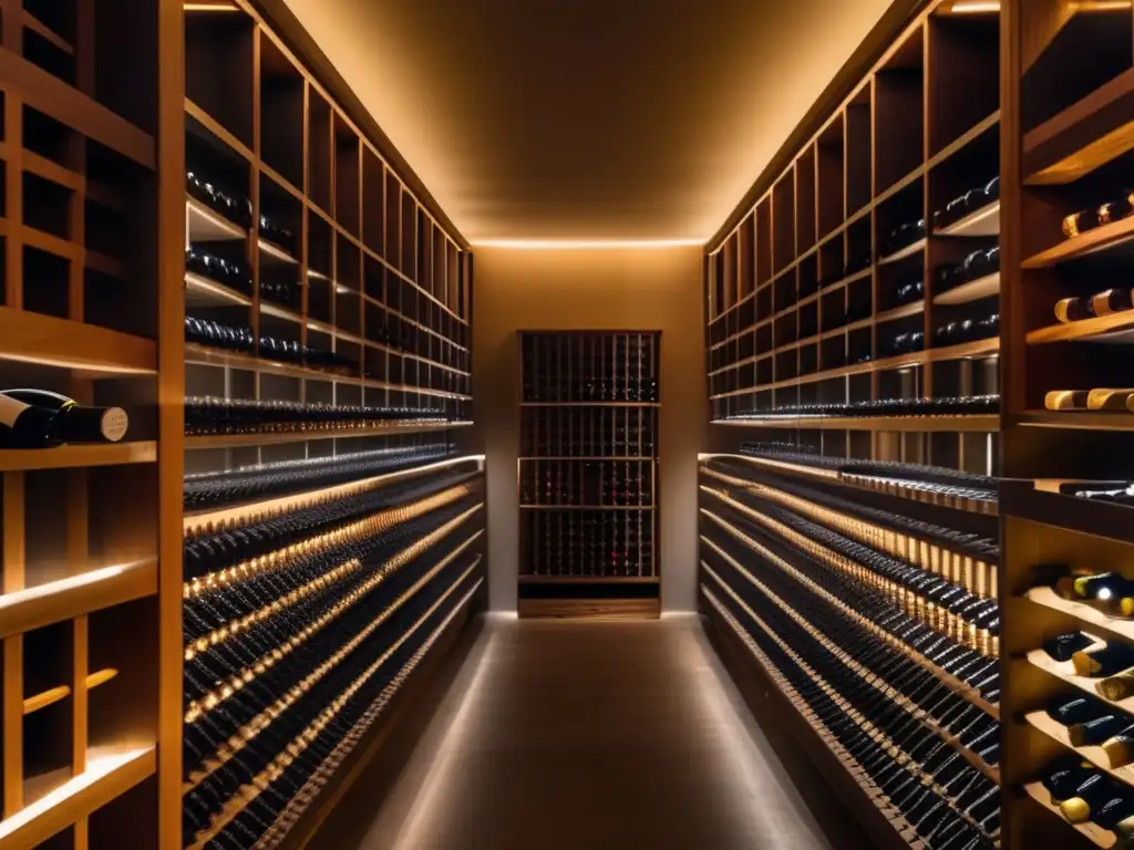 Bodega minimalista en las Caves de Reims, con elegantes estantes de madera y champán exquisito