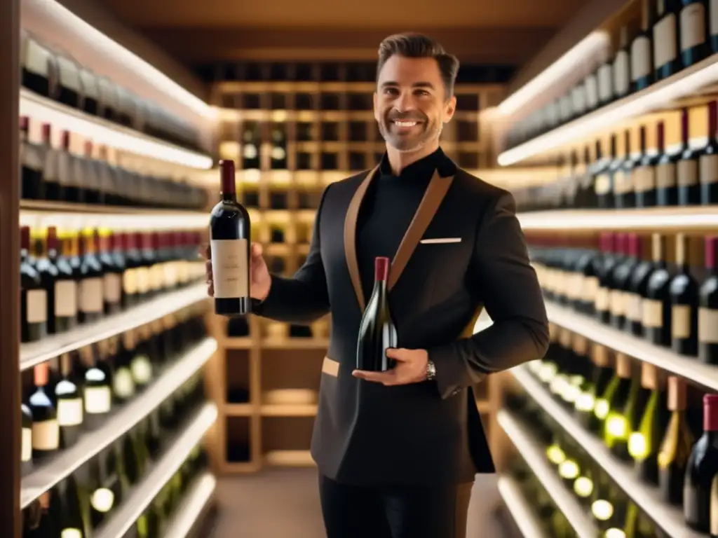 Sommelier en bodega minimalista promoviendo diversidad y calidad en la cultura vinícola