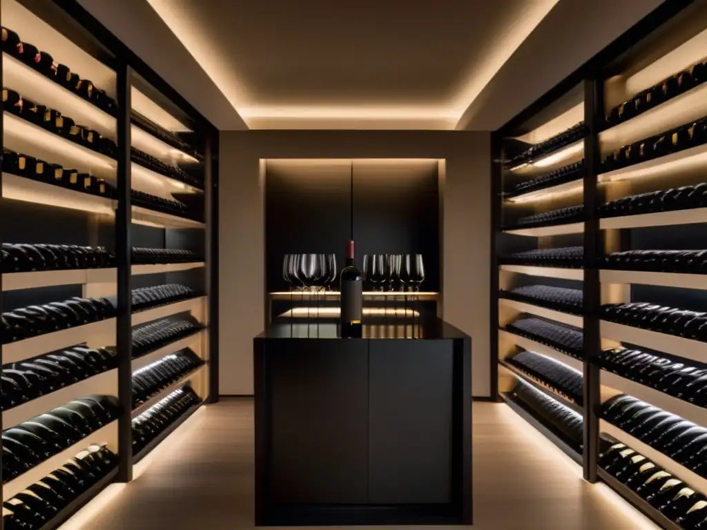 Bodega minimalista con estanterías metálicas negras y elegante exhibición de botellas de vino