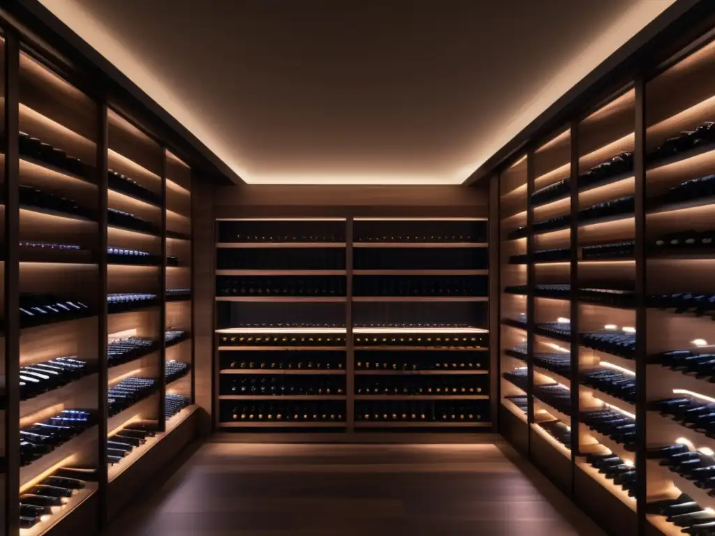 Bodega minimalista con estantes de madera oscura llenos de vinos europeos