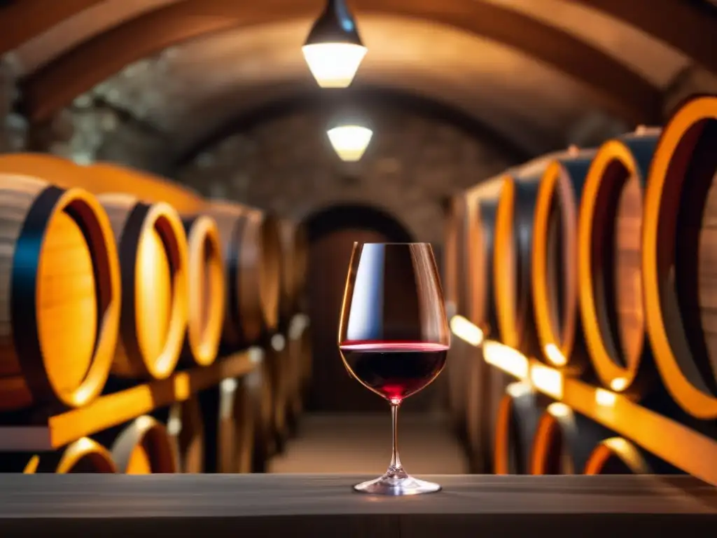 Bodega subterránea iluminada con barriles de vino, sommelier sirviendo y copa de vino rojo - Noche de Bodegas Abiertas España