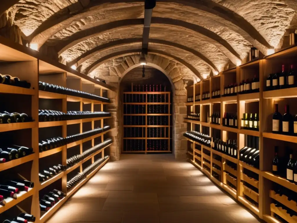 Tradición vitivinícola en Penfolds: bodega subterránea con vinos organizados, iluminación cálida y etiquetas brillantes